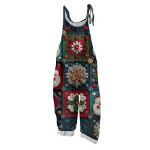 Dame vintage bomulds-hør overalls med juleprint - afslappet løs jumpsuit med skulderstropper og lommer, mørkerød, størrelse M