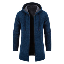 Ny mellemlang herretrenchcoat med fleecefor og hætte i strik, plus-size, stilfuld, afslappet, fuld lynlås, marineblå, størrelse L