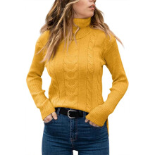 Lässiger Damen-Rollkragenpullover mit Zopfmuster, Langarm, warmer Freizeitpullover, Gelb, Größe M – Passend für alle Standardgrößen