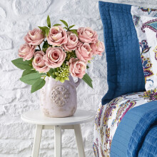 Bouquet di rose artificiali color rosa antico "Real Touch" con vaso – 10 teste, decorazioni per matrimoni e casa
