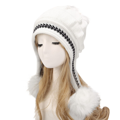 Winter beanie hat with ear flaps and fleece lining white