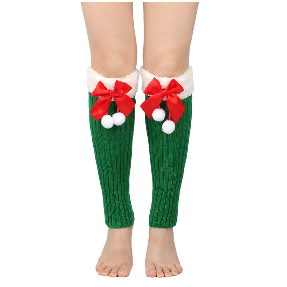 Knee Length Leg Warmers, Christmas Fleeced Bowknot Cuff Leg Warmers Winter Knitted Boot Cuffs Footless Socks White
