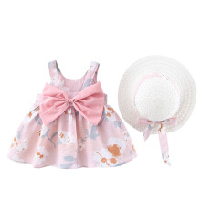 KDFJPTH Summer Back Big Bowknot Sundress For Baby Girls Fashion Casual Flower Print A-Line Dresses With Sun Hat Beach Vacation Dress