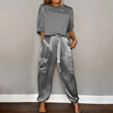 Costume de damă, 2 piese, costume elegante cu pantaloni pentru o nuntă, seturi casual cu pantaloni largi din satin, neregulați (gri, S)