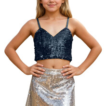 AWZXDE Girls Adjustable Elastic Band Sequin Crop Top Cute Tops For Teens Carnival Party Wear Black Over 11 years old