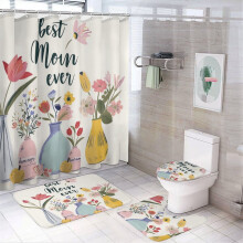 Vintage Floral 4-Pc Shower Curtain Set w/ Non-Slip Rug, Toilet Lid Cover & Bath Mat – Yellow Spring Design, Waterproof & Durable
