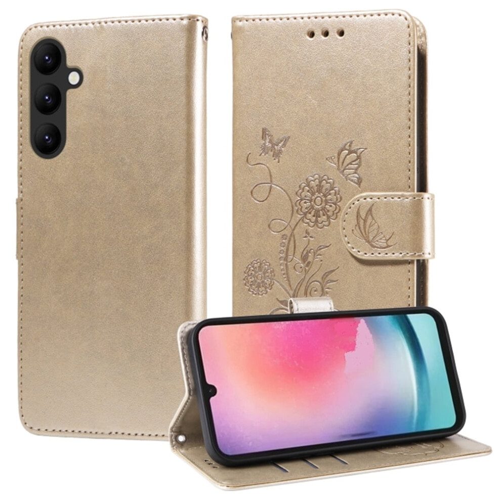 Shockproof Flip Leather Phone Case With Card Slots & Cash Compartment For Samsung Galaxy A24 5G, Butterfly Flowers Design Gold 9340959341382