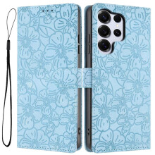 Étui portefeuille à rabat en cuir gaufré à motif de fleurs de cerisier pour Samsung Galaxy S23 Ultra 5G – Bleu clair, 3 emplacements pour
