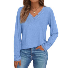 T-Shirts mit V-Ausschnitt für Damen, Spitze, langärmelig,-Blau M