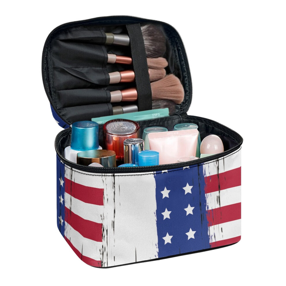 USA Flag Pattern Design Small Makeup Bag Brush Holders Brush Slots Large Cosmetic Bag (8.86"x6.5"x5.9")