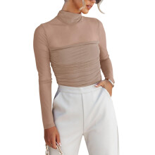 Damen-Bodys mit Stehkragen, langärmelig, Netzstoff,-Khaki L