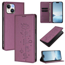 Violet Leather Flip Wallet Case for iPhone 14 – RFID Blocking, Cat-Embossed, Magnetic Closure, Card Holder
