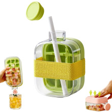 TETOU IJsblokjesfles, 2-in-1 contactloze waterfles met deksel en opvangbak, ijsblokjesfunctie met drukknop voor koffie/sap (groen, 500 ml)