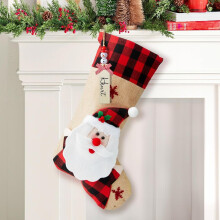 TETOU 18" Burlap Plaid Christmas Stocking with Personalized Name Tag & 3D Santa/Snowman/Elk/Gnome – Compatible with Indoor Family, Kids & Holiday