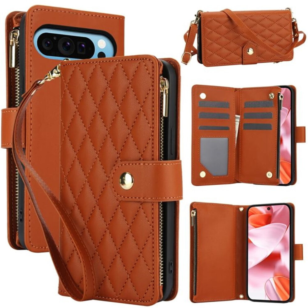 Rfid-Blocking Flip Wallet Case For Google Pixel 10 Pro Xl Â With Card Slots, Kickstand, Wrist Strap, Lanyard & Zipper Brown 9340959343157