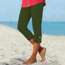 Women's Army Green Capri Leggings with Decorative Buttons, Knee-Length Workout Compression Pants, Summer Trousers – Compatible with 2026