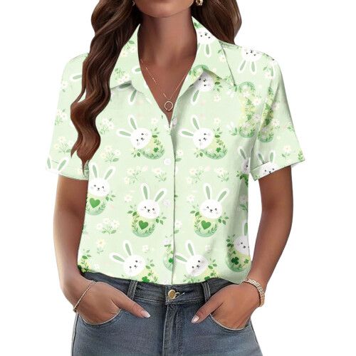 Women's Button-Down Shirts, Short Sleeve, V-Neck,-Orange M 2