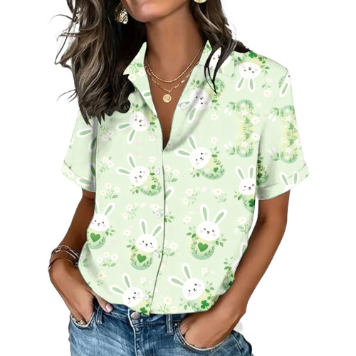Women's Button-Down Shirts, Short Sleeve, V-Neck,-Green XL 1