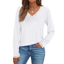 T-Shirts mit V-Ausschnitt für Damen, Spitze, langärmelig,-Weiß L