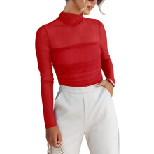 Damen-Body mit Rollkragen, Netzstoff, langärmelig,-Rot XL