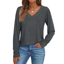 T-Shirts mit V-Ausschnitt für Damen, Spitze,-Dunkelgrau M