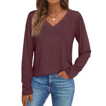 T-Shirts mit V-Ausschnitt für Damen, Spitze,-Burgund S