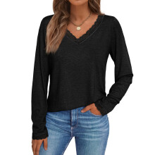T-Shirts mit V-Ausschnitt für Damen, Spitze,-Schwarz XXL