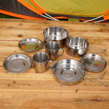 1Set Durable Stainless Steel Camping Cookware Kit Portable Pot Pan Plates Cups for Hiking