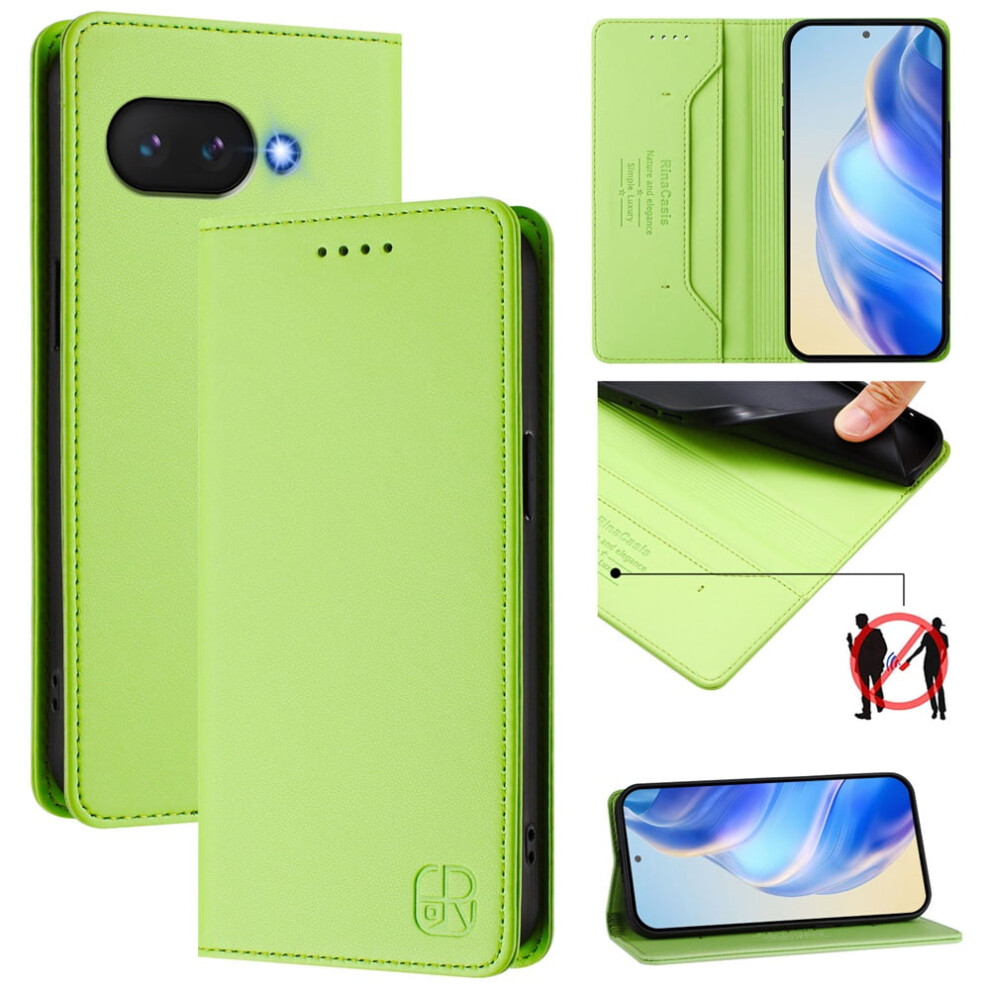 Wallet Case For Google Pixel 9A (6.3"), Rfid-Blocking Pu Leather Magnetic Folio, 2 Card Slots + Kickstand, Shockproof Flip Cover – Grass Green 9448990712656
