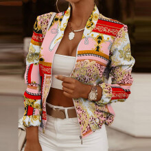 Symoid Damenmäntel – Business-Kleidung, bedruckter, langärmeliger, figurformender Cardigan mit Reißverschluss, Anzugmantel, Jacke, Top, Rosa,