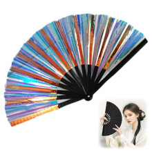 2025 Large Holographic Folding Hand Fan for Line Dancing – Clap & Popping Fan, Laser Colors, Foldable (Color#I), compatible with line dance routines