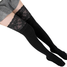 Women's Lace Trim Thigh High Socks, Cotton Warm Stockings, Compression Socks – Black