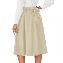 Falda midi acampanada de corte A con cintura alta, pliegues en la espalda y lazo, estilo retro para mujer, color beige, talla M