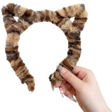 Diadema con orejas de gatito, estampado de leopardo, peluche suave, 1 unidad