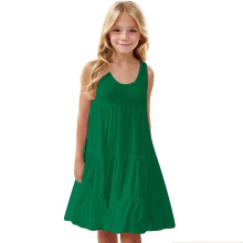 Girls Summer Casual Loose Tank Swing Midi Cute Shift Dress Green 7-8 Years