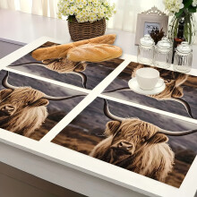 4 stuks linnen placemats met Schotse hooglandkoeienprint, 30x45 cm, duurzaam en wasbaar, rustieke vintage stijl voor thuis, feestjes, kamperen,