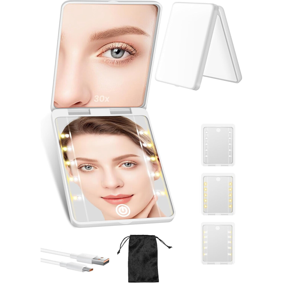 White Neste-Compact Mirror: Rechargeable 30X Magnifying Mirror With 3 Lighting Modes, Dimmable Brightness, Portable Travel Makeup Mirror Â