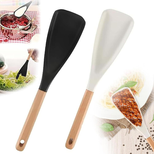 Multi-function Cooking Spoon, Nonstick Cookware Compatible, Sturdy Wooden Handle & Matte Silicone for Stirring, Scooping, Serving