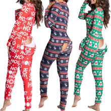 Efterår og vinter knaplukning voksen pyjamas trykt jul langærmet hjemmetøj jumpsuit