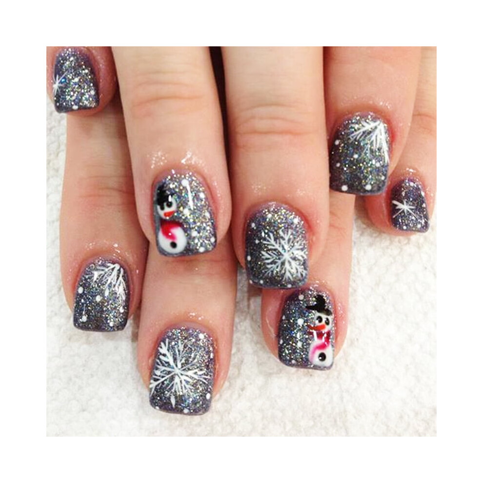 Christmas Press-on Nails, 24Pcs Snowflake Design, Short Square Fake Nails for Manicure, Gel Glue-on, New Year Gifts