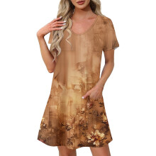 Braunes, gemustertes Midikleid für Damen, kurze Ärmel, V-Ausschnitt