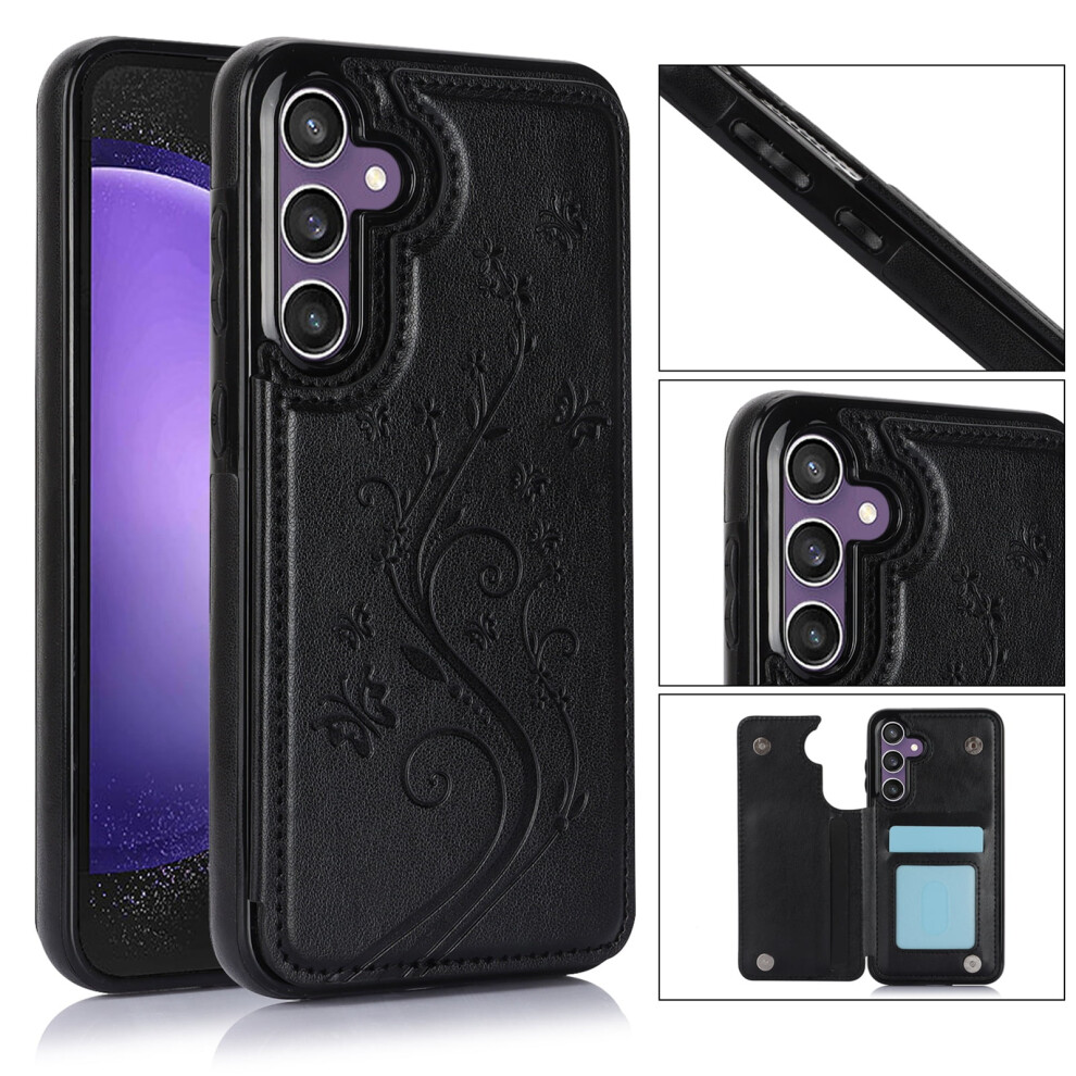 Magnetic Leather Wallet Case Compatible With Samsung Galaxy S25 Â Flip Kickstand, Card Slots, Butterfly Embossing, Black 9193271895190