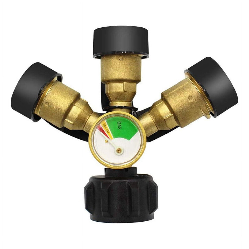 3 Way Propane Splitter with Gauge and Shut- Valve, 3 Y Propane Gas Splitter, Propane LP Tank Tee Gauge Adapter