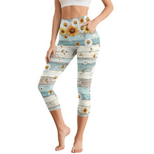 Napraforgó mintás capri leggings női sport jóganadrághoz, hasformáló jóga leggings zsebekkel, XL