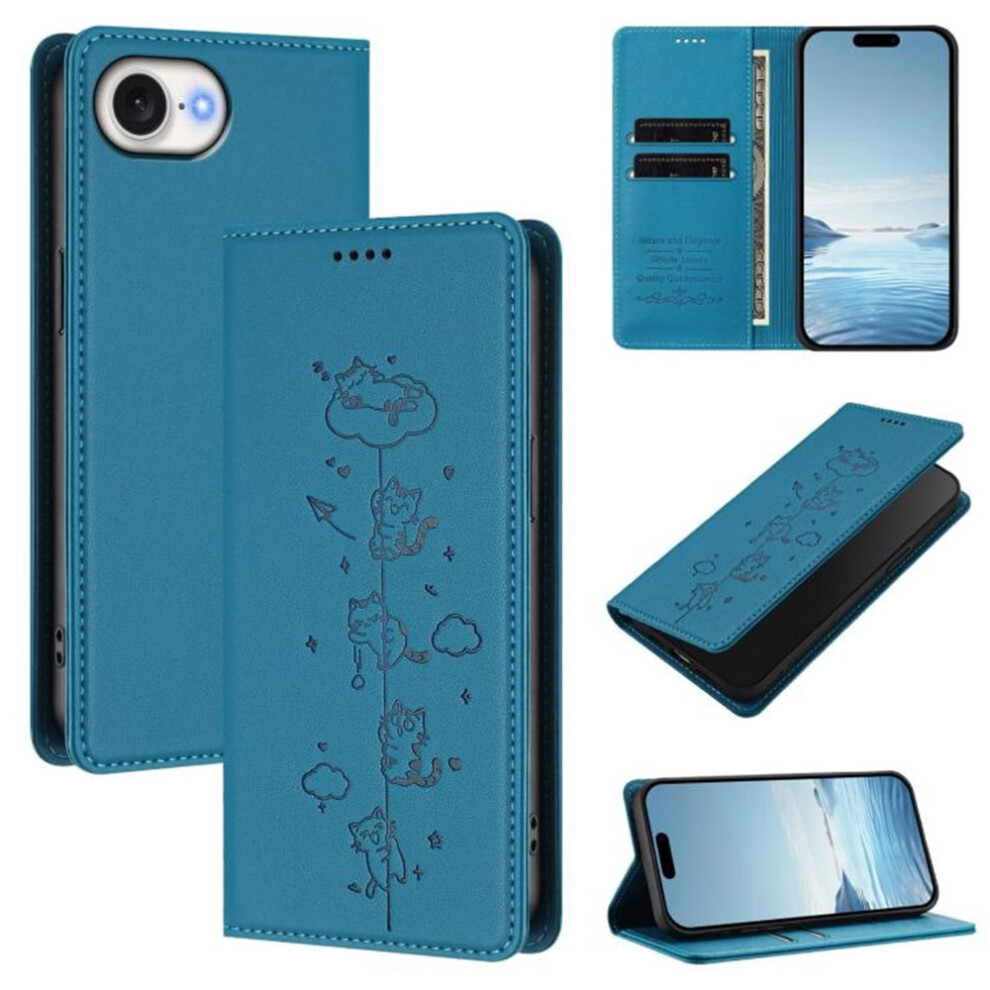 Leather Flip Wallet Case For Compatible With Iphone 16E Â Rfid Blocking, Cat-Embossed, Magnetic Closure, Card Holder Blue 9485826573951