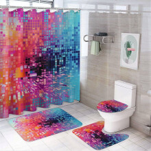 4-Pc Colorful Abstract Shower Curtain Set with Rug, 72"x72", 12 Hooks, Pink/Orange Squares – Compatible with Standard Showers