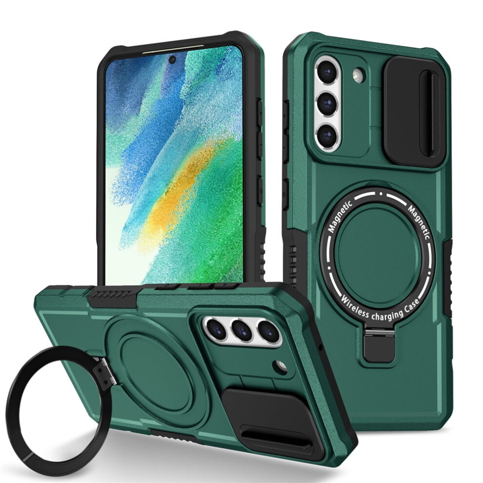 Shockproof Case For Samsung Galaxy S21 Fe 6.4" Â Sliding Camera Cover, Magsafe Compatible, Hidden Kickstand & Ring Holder, Deep Green 9152228515147