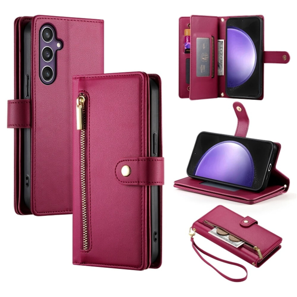 Leather Wallet Case For Samsung Galaxy S23 Fe 5G (6.4"), With Multi-Card Slots, Zipper Pocket, Lanyard & Wristlet Red 9152228515086
