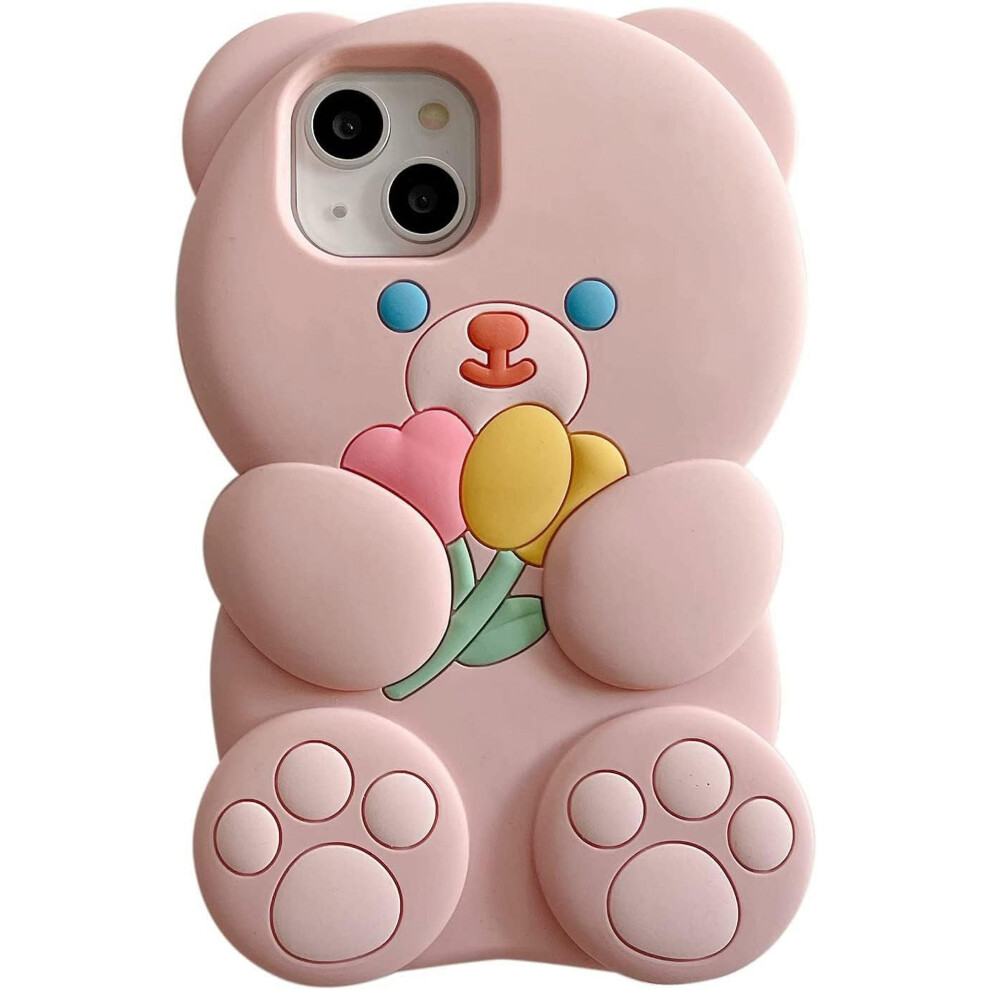 Funny Kawaii Wallet Case Compatible With Iphone 14 Plus Â Flower & Teddy Bear Design, Soft Rubber Shockproof Cover For Women & Girls, Khaki 9170372133185