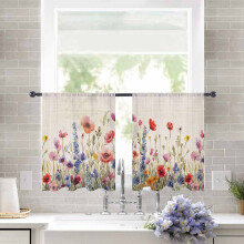 Sheer Curtains 45" Long, Poppy Watercolor Floral Linen Voile Drapes (52"W x 45"L, 2 Panels), Rod Pocket, Light Filtering, for Bedroom/Living Room